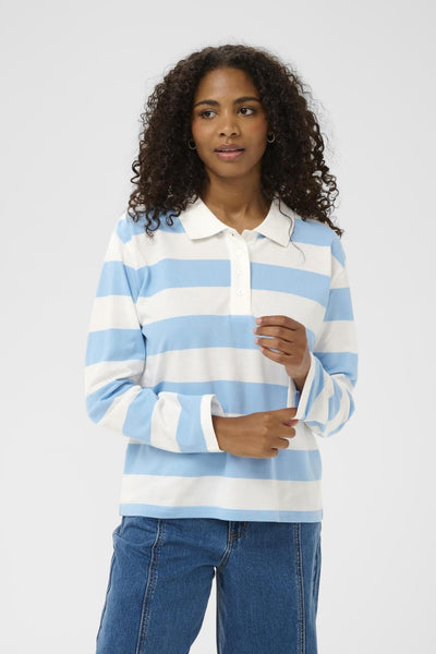 KAmiala Polo LS T-Shirt Chalk With Powder Blue stripe - 10511189 Thumbnail