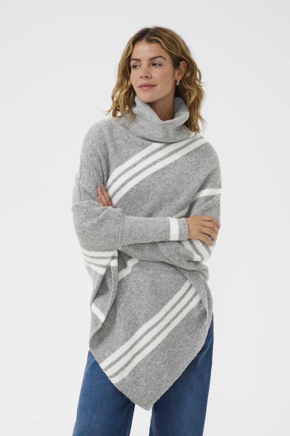 CRKuma Turtelneck Poncho Grey Melange White Stripe - 10 - 10613574