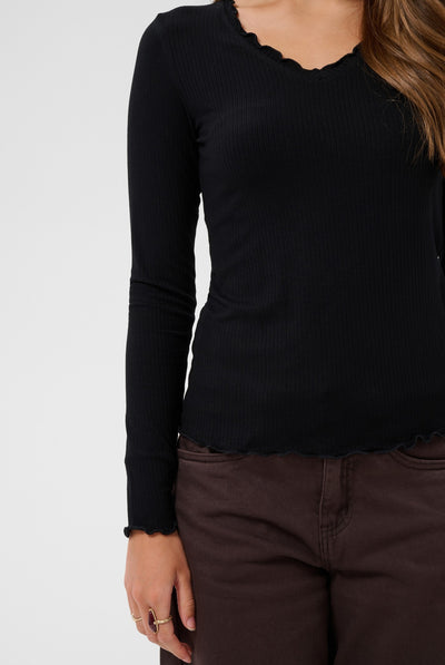 CRRibba LS V-neck Tshirt Pitch Black - 100120 - 10615480 Thumbnail
