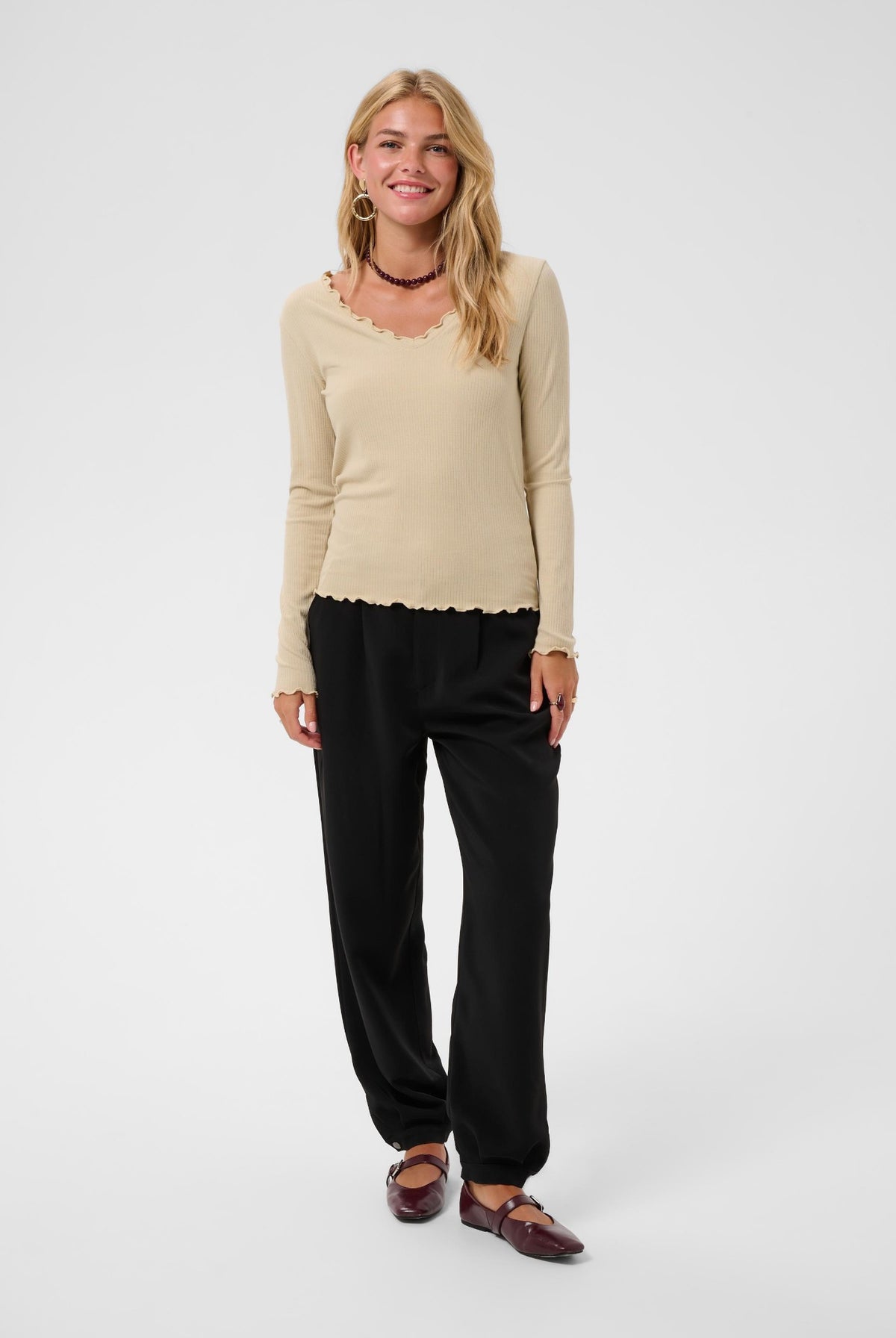 CRRibba LS V-neck Tshirt Oatmeal - 130401 - 10615480