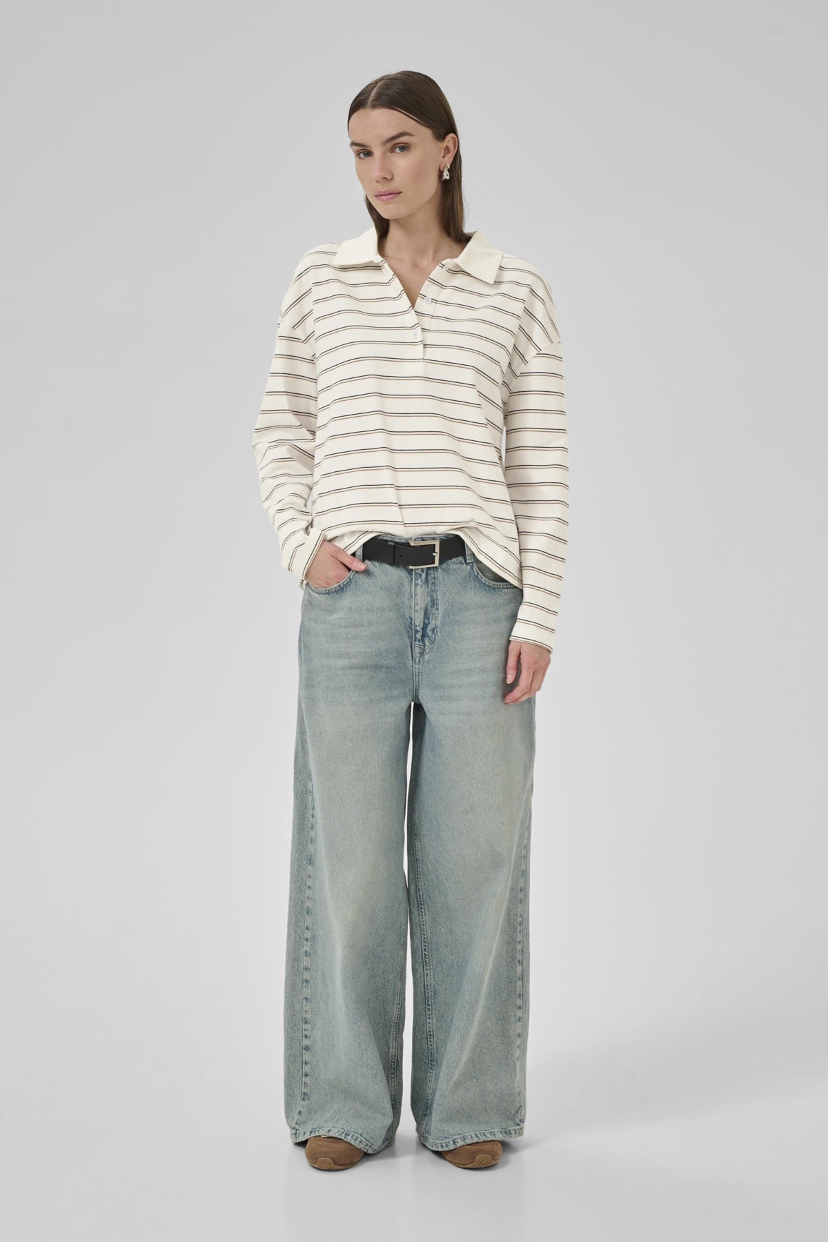 AnnaMW LS Polo Blouse Snow White Striped - 10705296