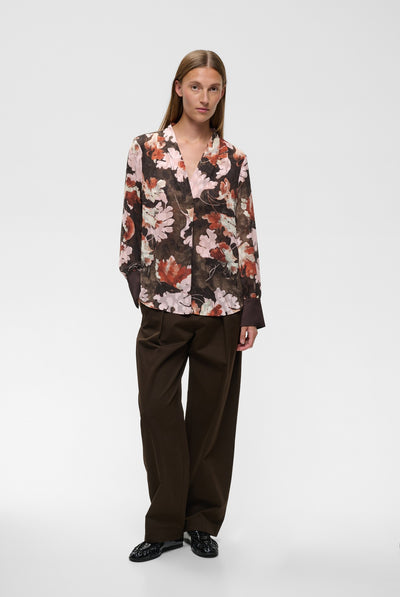 MASONIW V-NECK BLOUSE BROWN W PINK FALL LEAVES - 900 - 30112831 Thumbnail