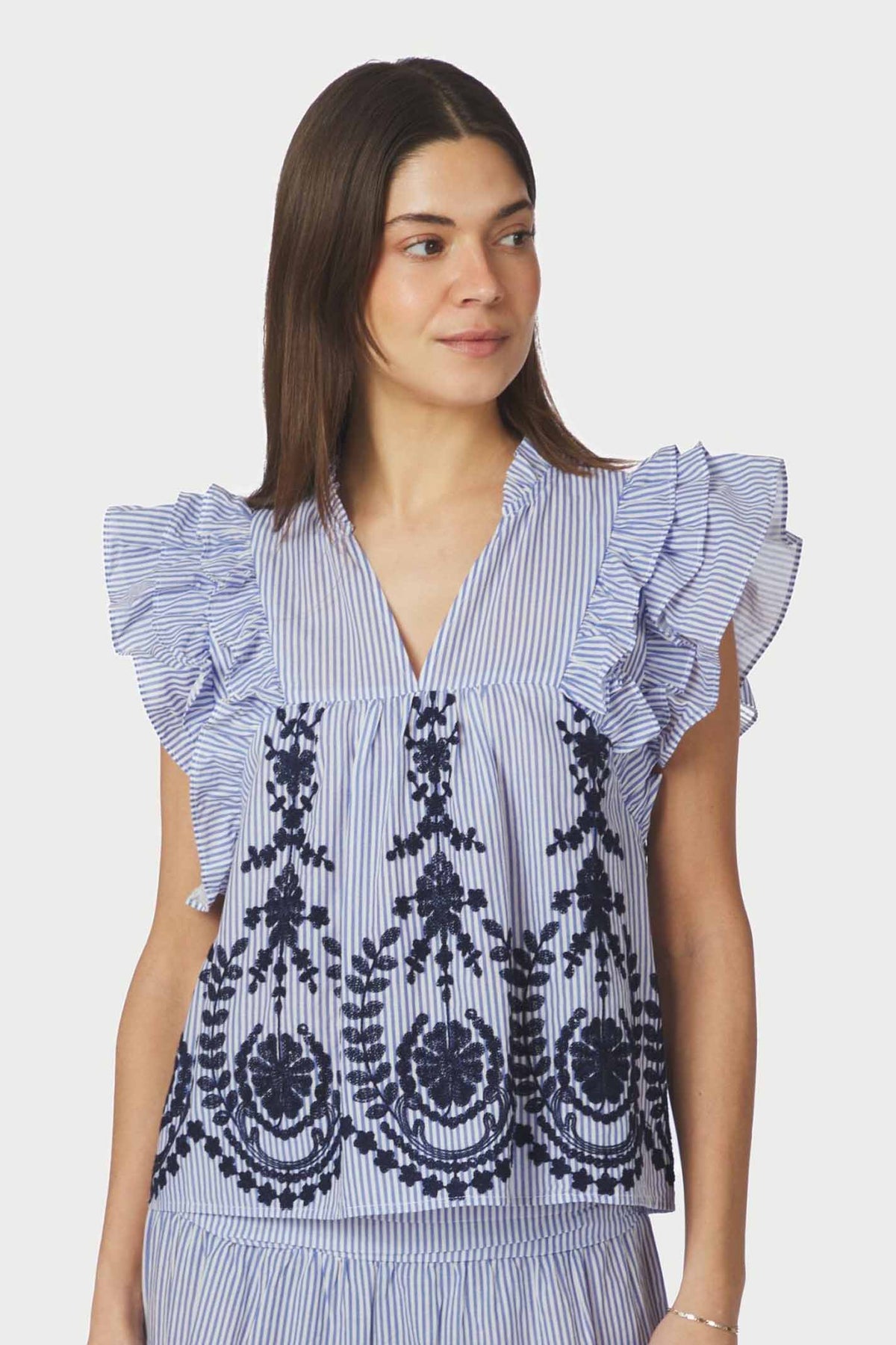 Jayla Stripe Embroidery Top Blue - 168997