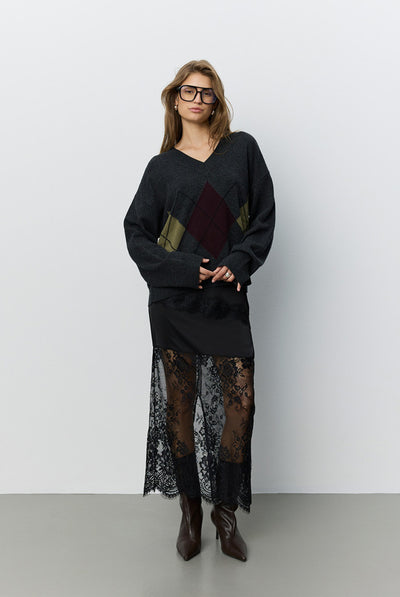 Paleasw V-Neck Argyle Knit Swe DARK GREY - S264281 Thumbnail