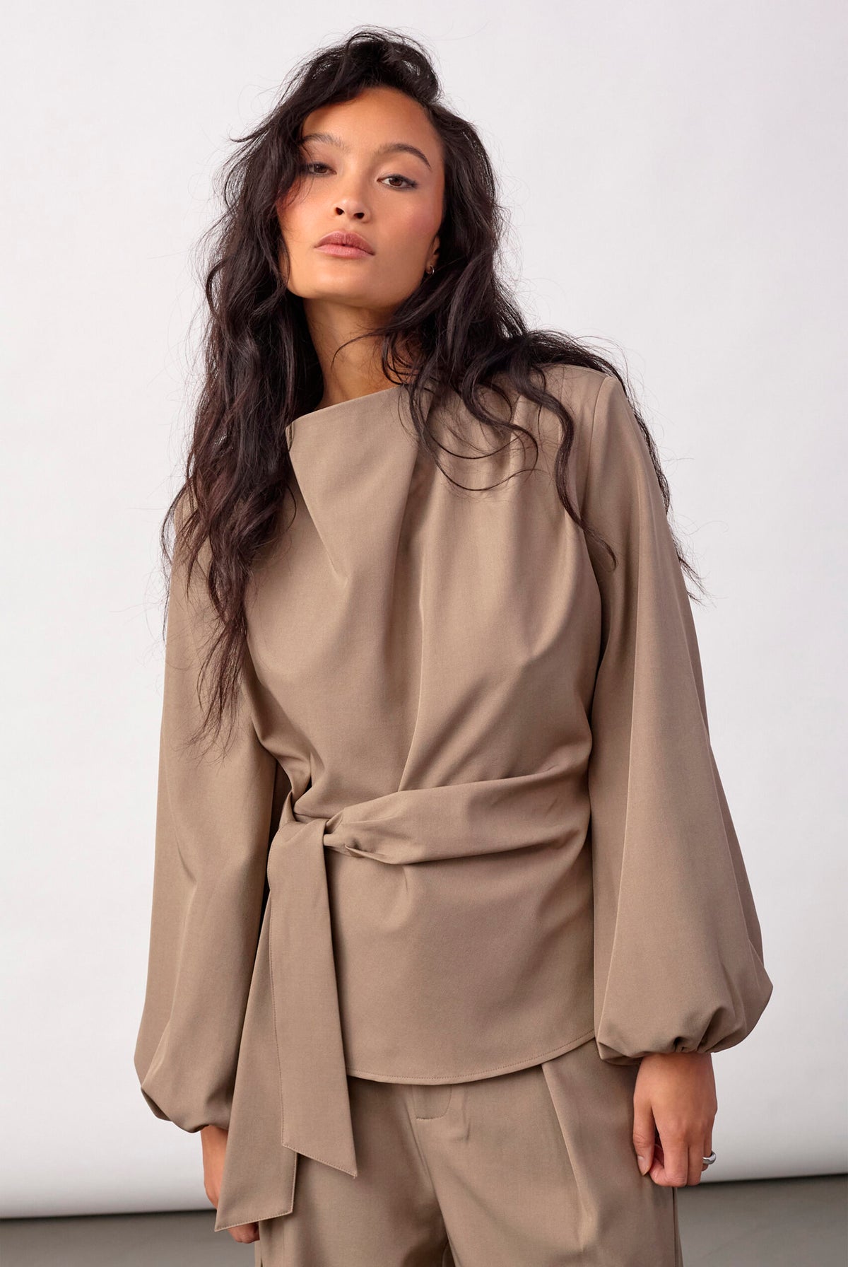 LunaCC Tie Blouse 20018-Taupe - 500386