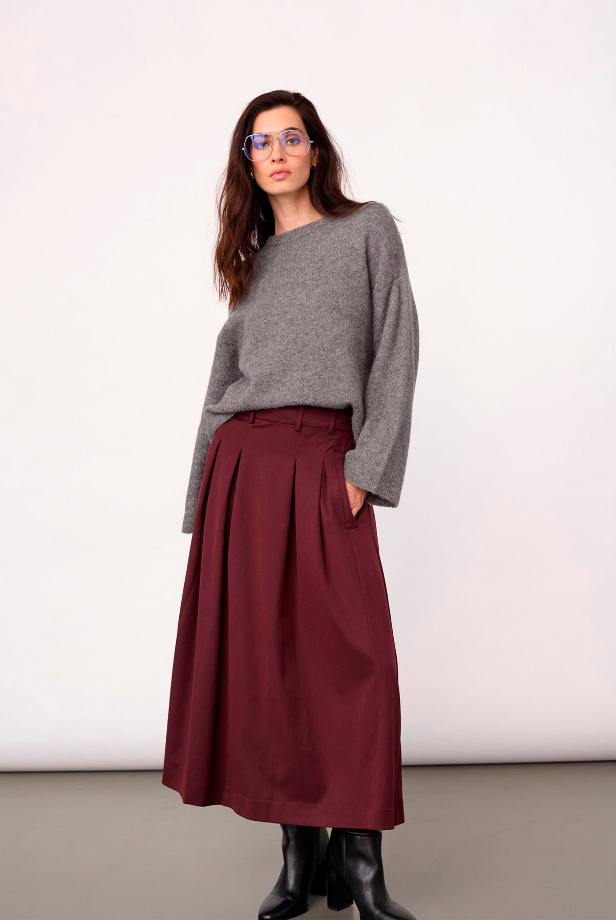 TerryCC Pleat Skirt 30005-Wine Red - 500363