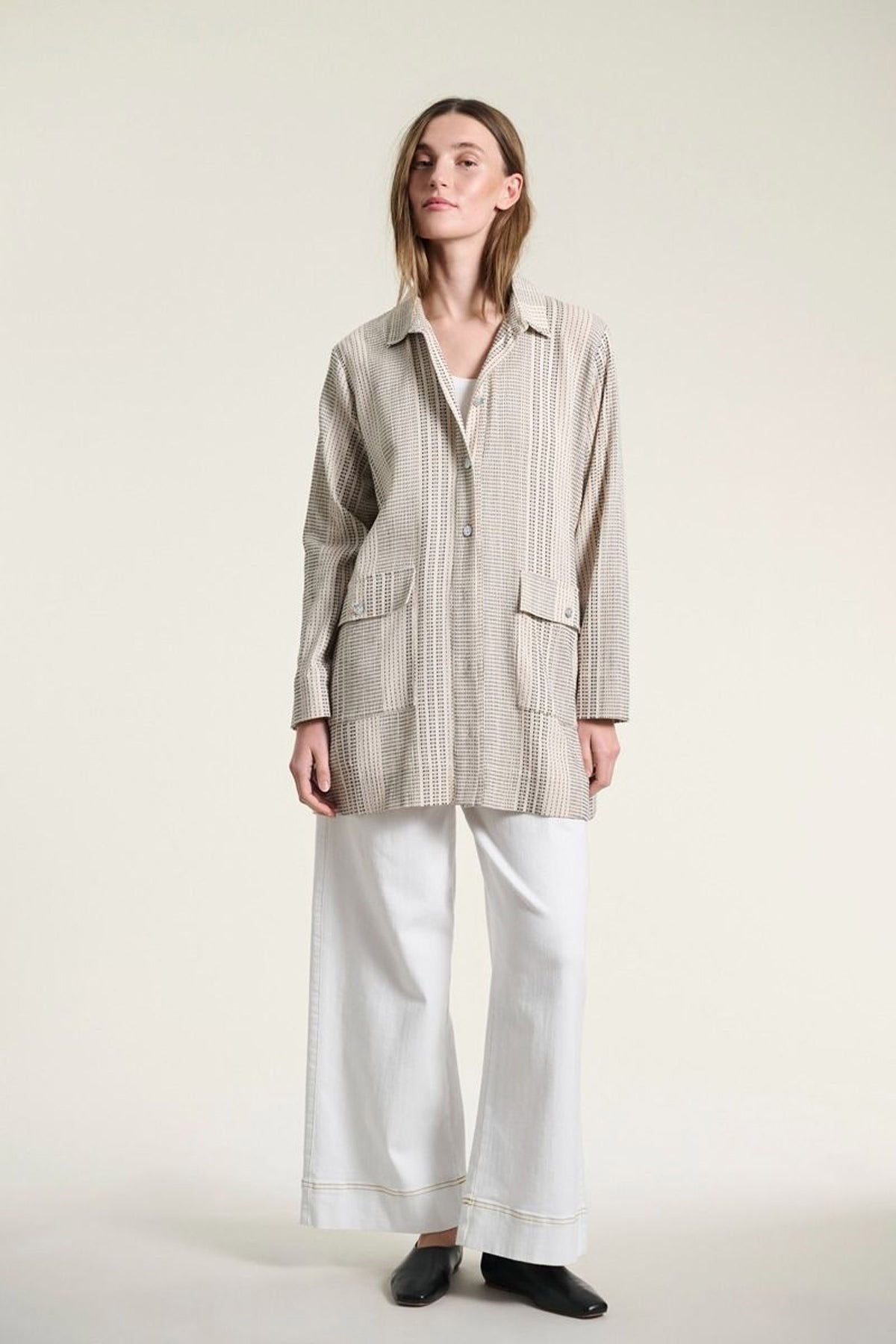 Shiko lang skjorte IVORY/BLACK STITCH - 261-2464-5616